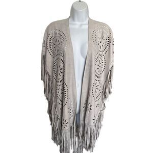Bohemian Taupe Fringe Cardigan with Laser-Cut Design One Size